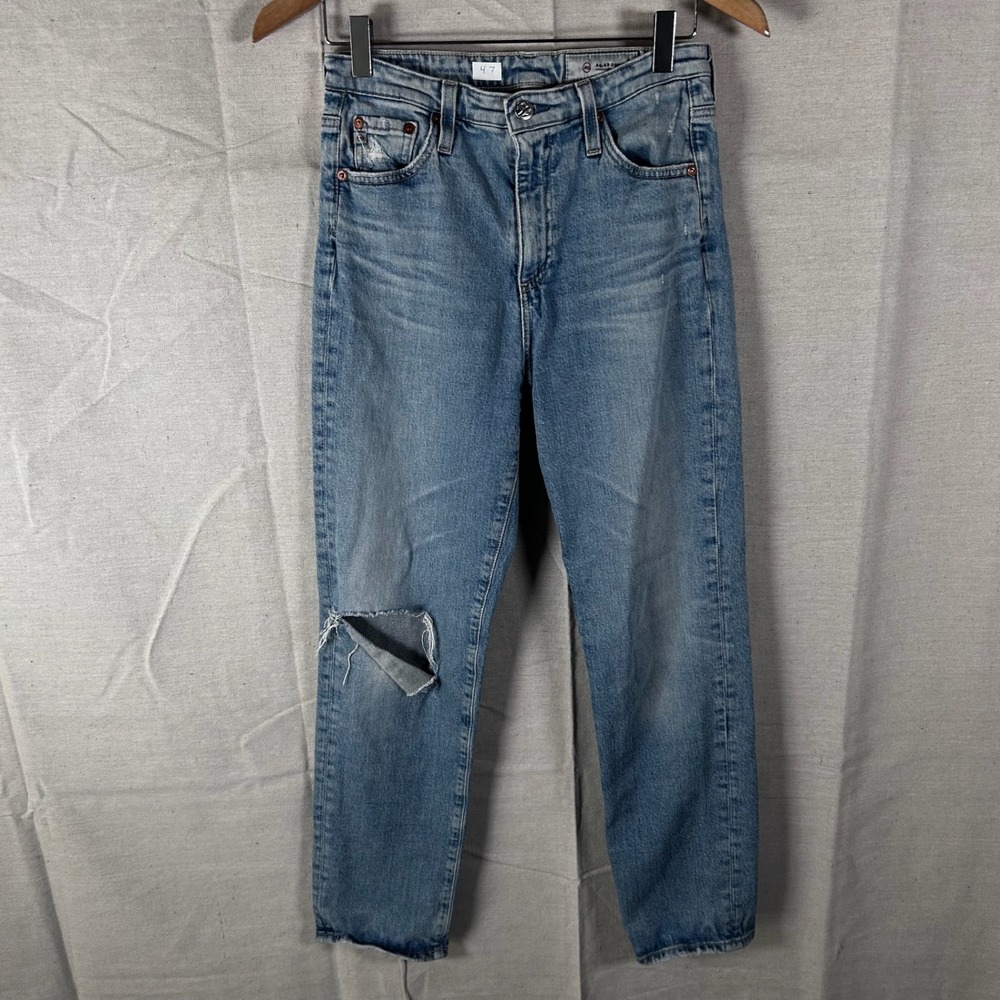 AG Adriano Goldschmied Straight Leg Distressed Jeans Blue Light Wash 28R